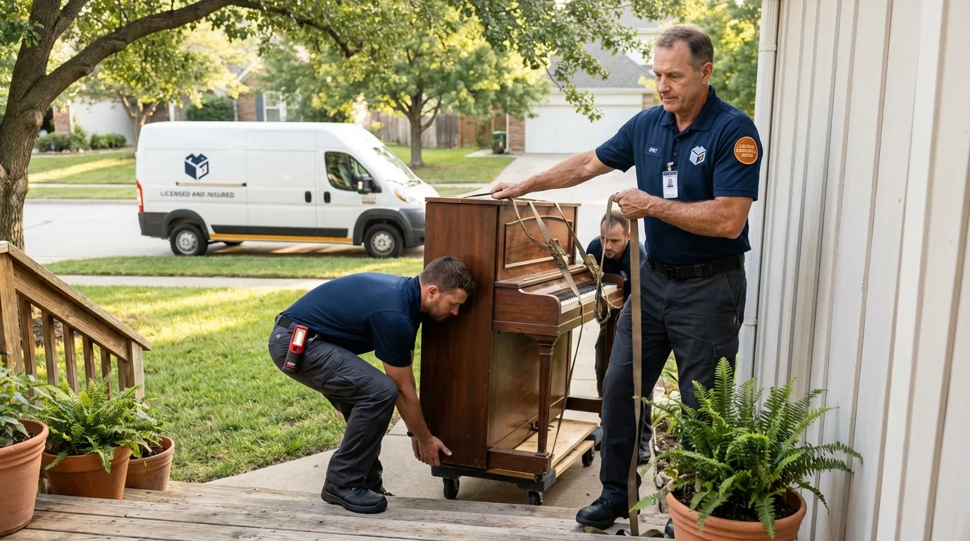 Licensed piano movers securing grand piano in Caseyville, IL